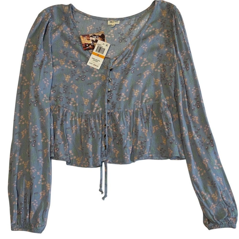 Self E Blue Floral Peplum Button Front Woven Long Sleeve Top Small NWT